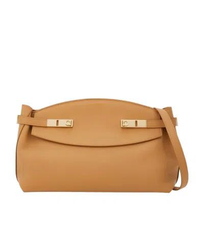 Ferragamo Large Pouch Leather Bag In Neutrals