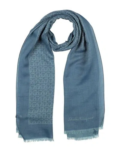 Ferragamo Man Scarf Slate Blue Size - Cashmere, Cotton In Gray