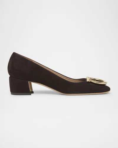 Ferragamo Mara Suede Gancini Block-heel Pumps In Brown