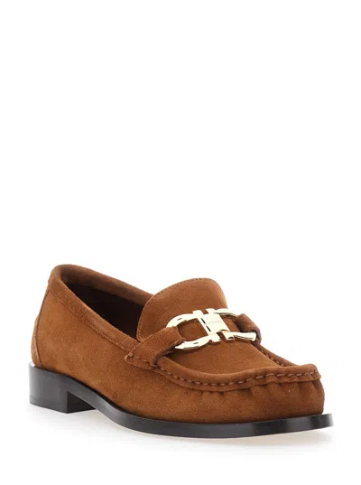 Ferragamo Marian Suede Loafer With Gancini Hook Plaque In Brown