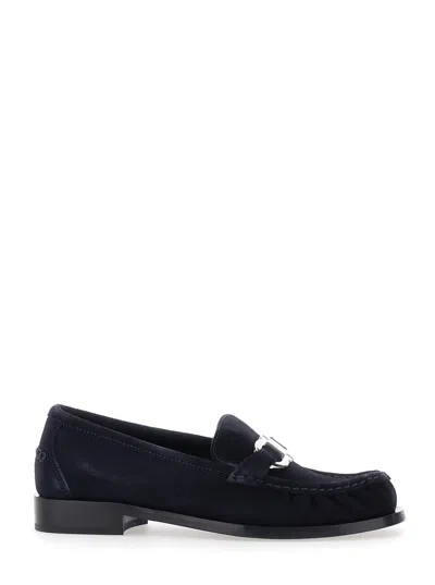 Ferragamo Marian Suede Loafer With Metallic Logo Hook Plaque In Blue