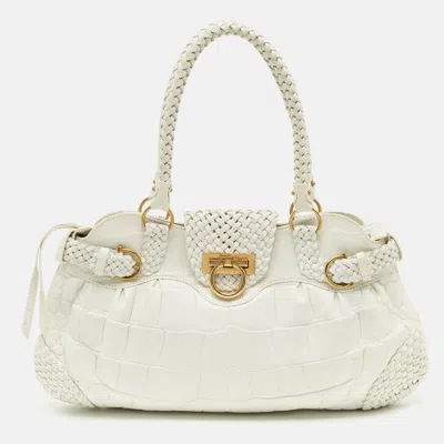 Pre-owned Ferragamo Marisa White Croc Embossed Leather Satchel