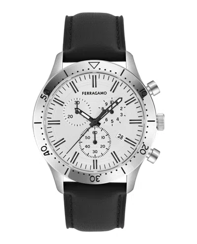 Ferragamo Master Chrono Leather Watch In Silver