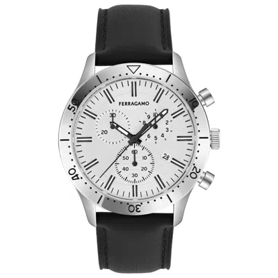 Ferragamo Master Chrono Leather Watch In Silver