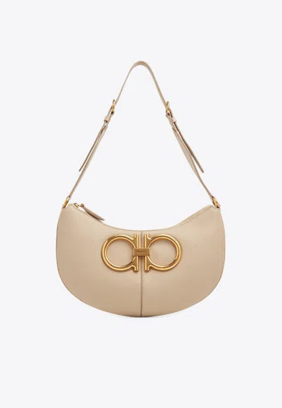 Ferragamo Maxi Gancini Leather Shoulder Bag In Beige