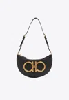 Ferragamo Leather Maxi Gancio Shoulder Bag With Golden Metal Details In Black