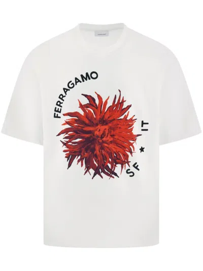 Ferragamo Short Sleeved T-shirt With Maxi Print Detail In White