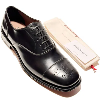 Pre-owned Ferragamo Maxime Black Leather Cap Toe Brogue Oxford Men's Dress Shoes Tramezza