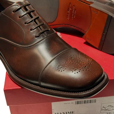 Pre-owned Ferragamo Maxime Men's 9 D Brown Cap Toe Brogue Leather Welted Oxford Tramezza