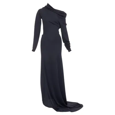 Pre-owned Ferragamo Maximilian Davis 2023 Viscose Blend Off Shoulder Drape Train Gown M In Black