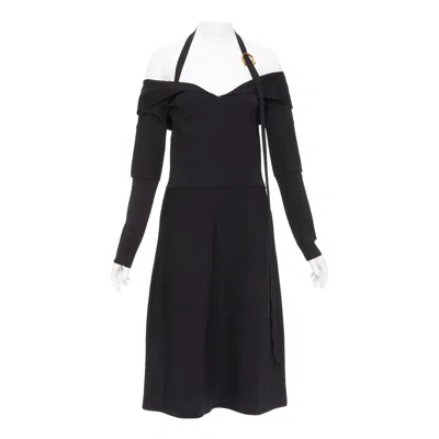 Pre-owned Ferragamo Maximilian Davis Black Gold Gancini Halter Knee Dress L