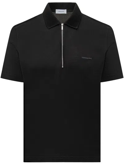 Ferragamo Cotton Polo Shirt With Zip Closure In Blue