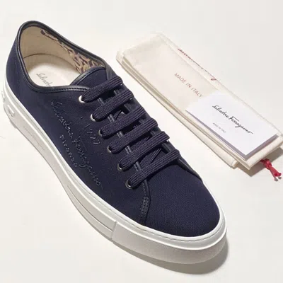 Pre-owned Ferragamo Mediterr Men's Low-top Logo Gancini Sneakers Navy Blue Luxury Shoes