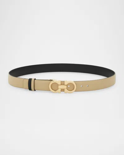 Ferragamo Mediterranean Gancini Leather Skinny Belt In Stone Nero