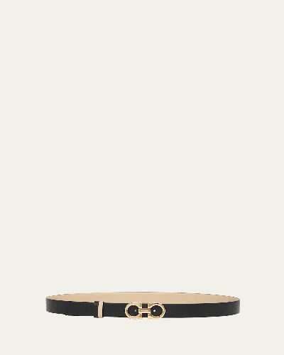 Ferragamo Mediterranean Gancini Leather Skinny Belt In Stone Nero