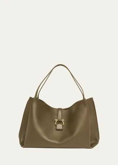 Ferragamo Medium Calf Leather Tote Bag In New Olive