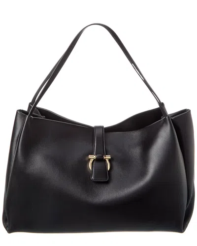 Ferragamo Medium Flap Leather Tote In Black