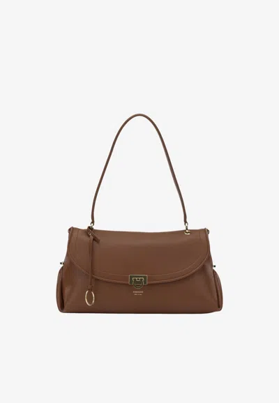 Ferragamo Medium Gancini Grained Leather Shoulder Bag In Brown