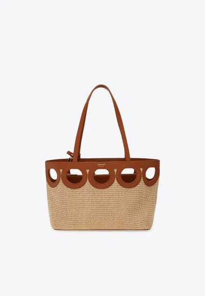Ferragamo Medium Gancini Outline Woven-raffia Tote Bag In Sand