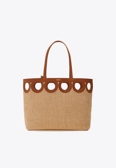 Ferragamo Medium Gancini Outline Woven-raffia Tote Bag In Sand