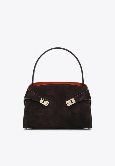 Ferragamo Medium Hug Croc-embossed Suede Shoulder Bag In Brown