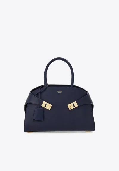 Ferragamo Medium Hug Leather Top Handle Bag In Blue
