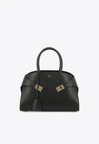 Ferragamo Medium Hug Leather Top Handle Bag In Black