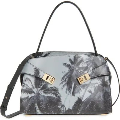 Ferragamo Medium Hug Palm Print Soft Leather Top Handle Bag In Gray