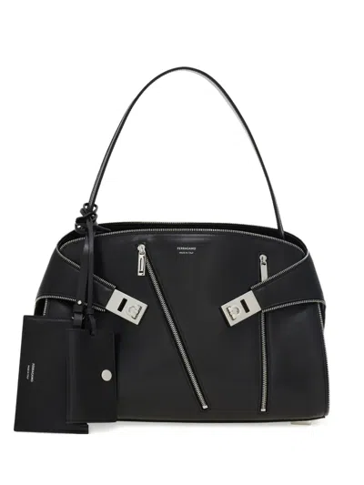 Ferragamo Medium Hug Soft Zip-detail Shoulder Bag In Black
