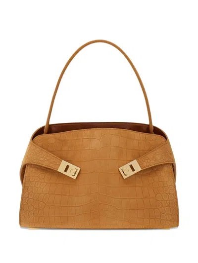 Ferragamo Beige Ginevra Shoulder Bag With Adjustable Strap And Crocodile-embossed Effect In Suede For Women Go In Brown