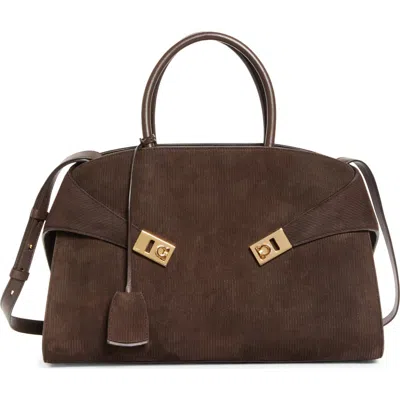 Ferragamo Medium Hug Suede Top Handle Bag In Brown