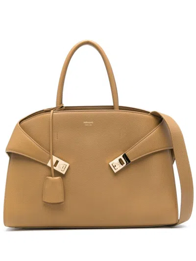 Ferragamo Camel Suede Large Hug Handbag In Brown