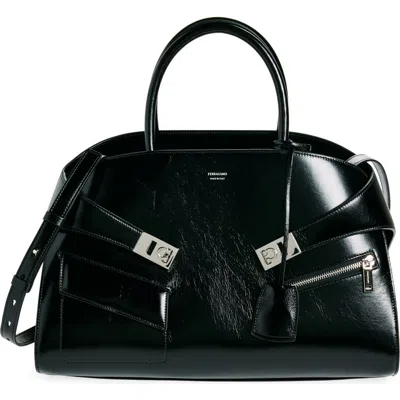 Ferragamo Medium Hug Zip Pocket Satchel Bag In Nero