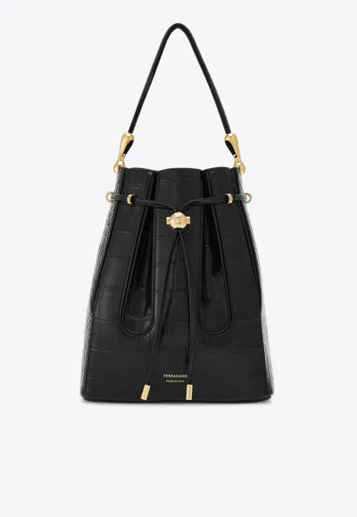 Ferragamo Medium Embossed-effect Leather Bucket Bag In Black