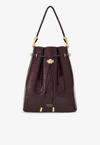 Ferragamo Medium Leather Bucket Bag In Bordeaux