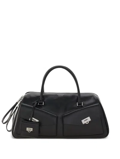 Ferragamo Medium Leather Flap-pockets Tote Bag In Black