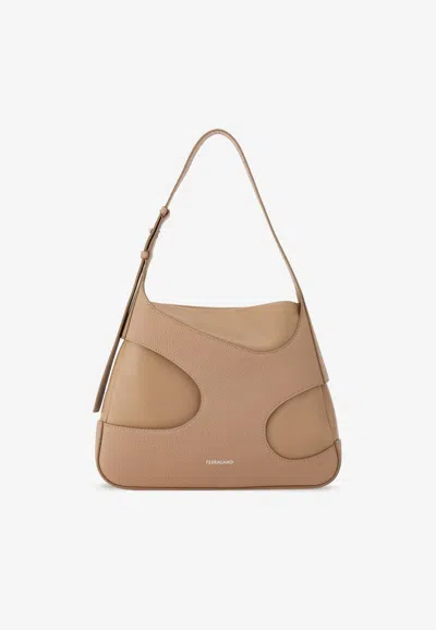 Ferragamo Medium Leather Shoulder Bag With Cut-outs In Beige