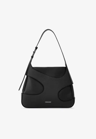 Ferragamo Medium Leather Shoulder Bag With Cut-outs In Black