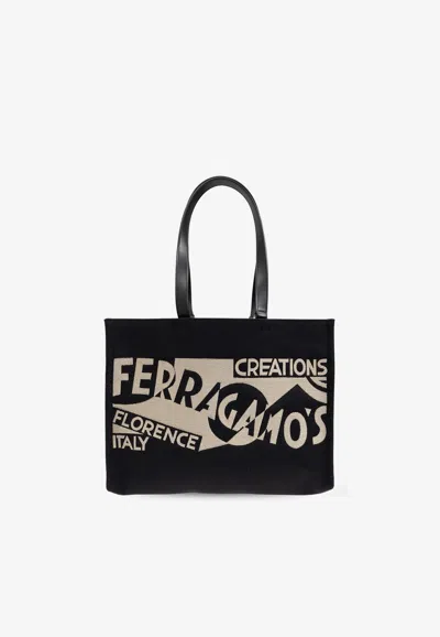 Ferragamo Medium Logo Embroidered Tote Bag In Black