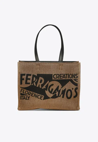 Ferragamo Medium Logo Printed Tote Bag In Beige