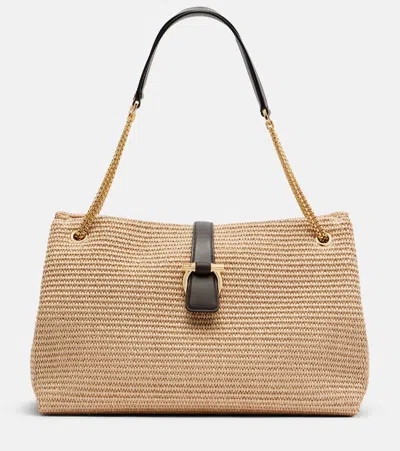 Ferragamo Medium Raffia Shoulder Bag In Nude
