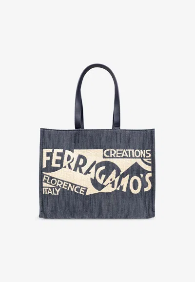 Ferragamo Medium Sign Logo Denim Tote Bag In Blue