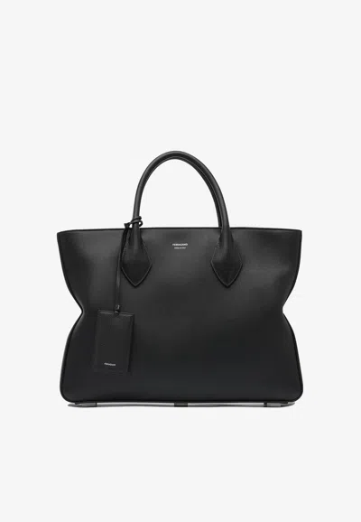 Ferragamo Medium Star Leather Tote Bag In Black