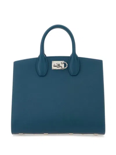 Ferragamo Teal Green Leather Medium Studio Box Handbag In Blue