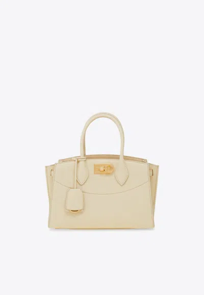 Ferragamo Medium Studio North-west Leather Top Handle Bag In White