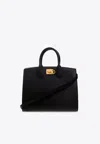 Ferragamo Medium Studio Tote Bag In Hammered Leather In Black