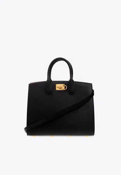 Ferragamo Medium Studio Tote Bag In Hammered Leather In Black