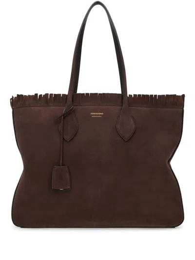 Ferragamo Medium Suede Tote Bag In Testa Di Moro