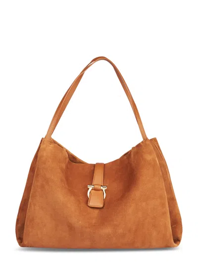 Ferragamo Medium Suede Tote With Leather Accents In Brown
