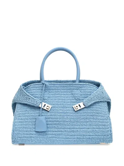 Ferragamo Medium The Hug Raffia Tote Bag In Blue
